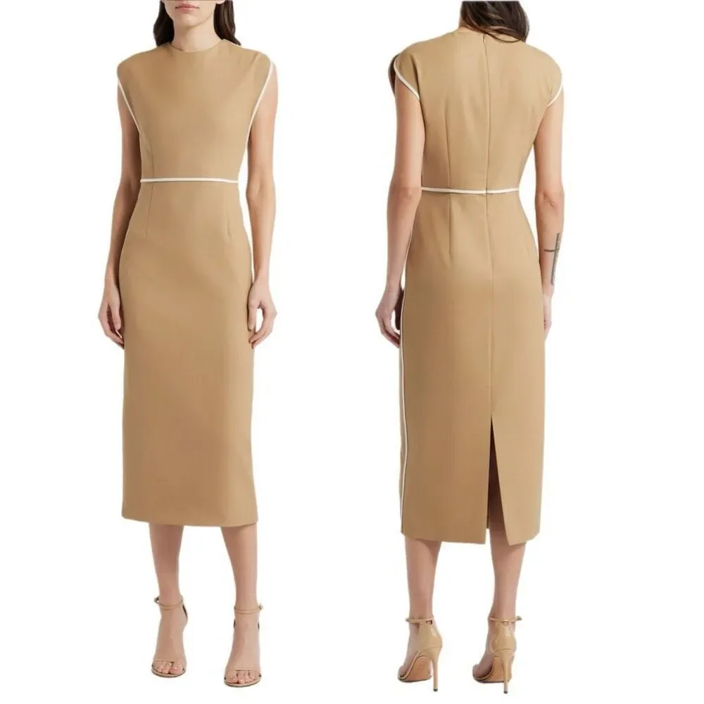 NWT BOSS “Détira” wool blend midi sheath dress in beige and cream Size 10